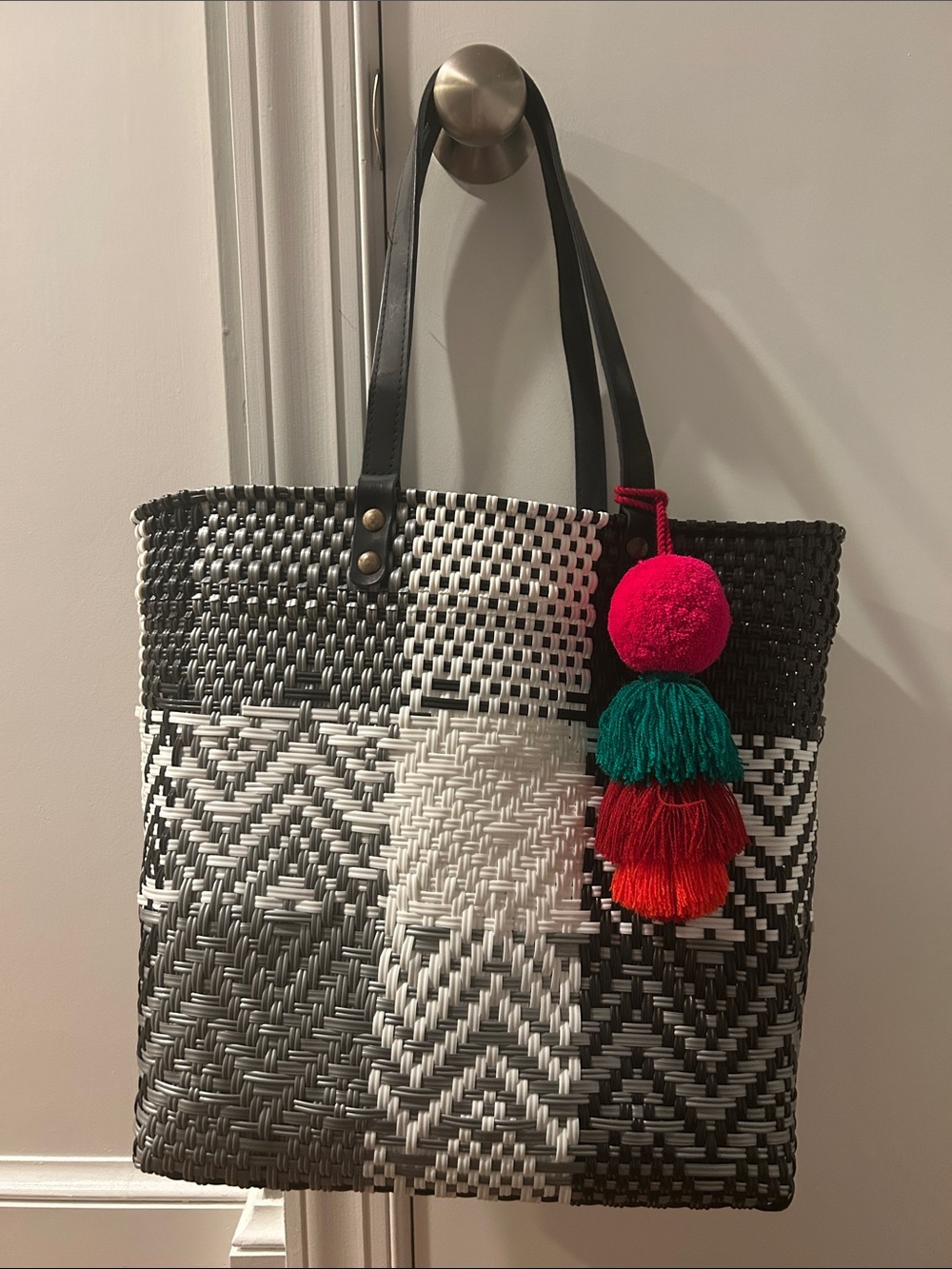 Woven Black & White Tote Bag with Colorful Tassel